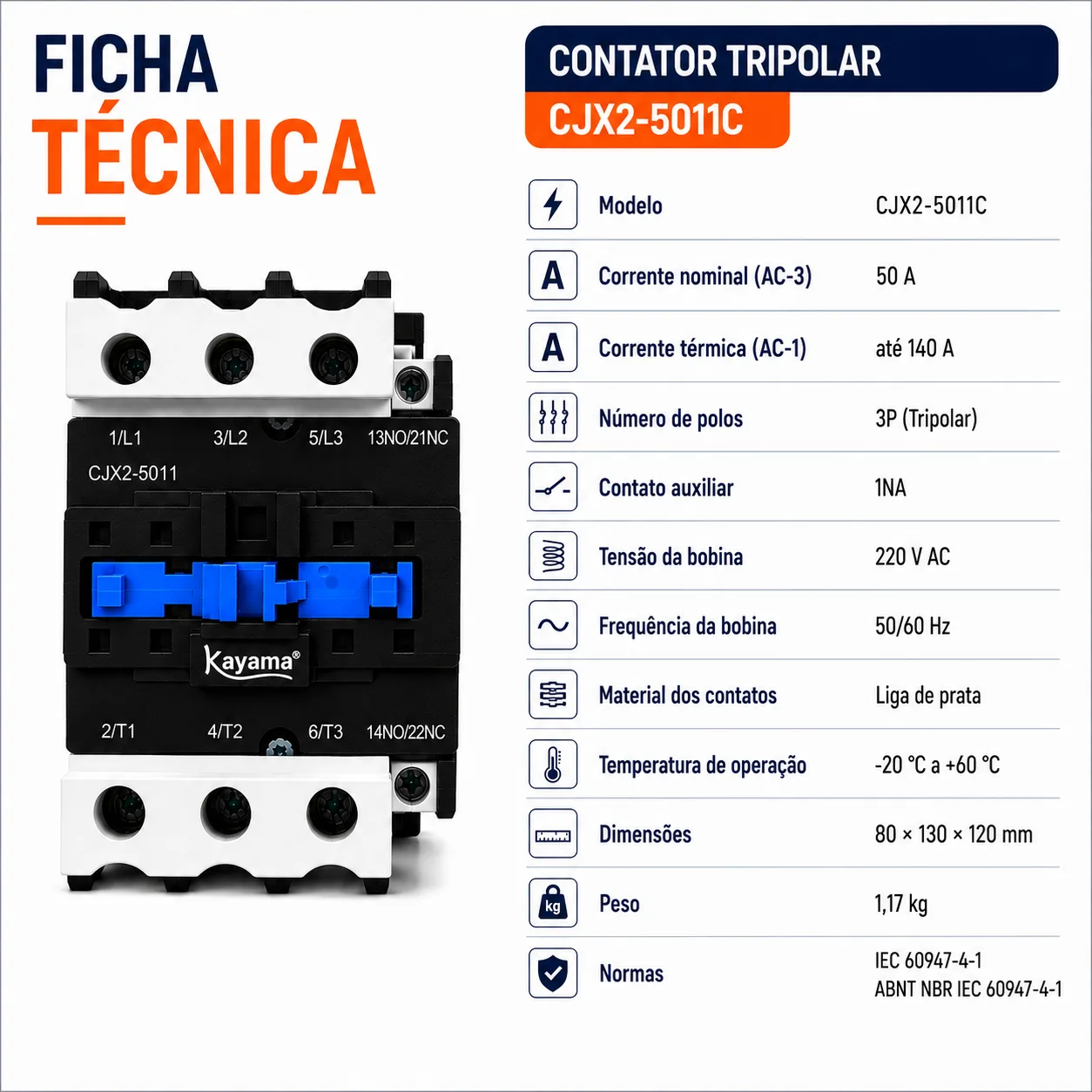 contator Tripolar CJX2-8011B - 220V- 50/60 HZ - KAYAMA — imagem 9