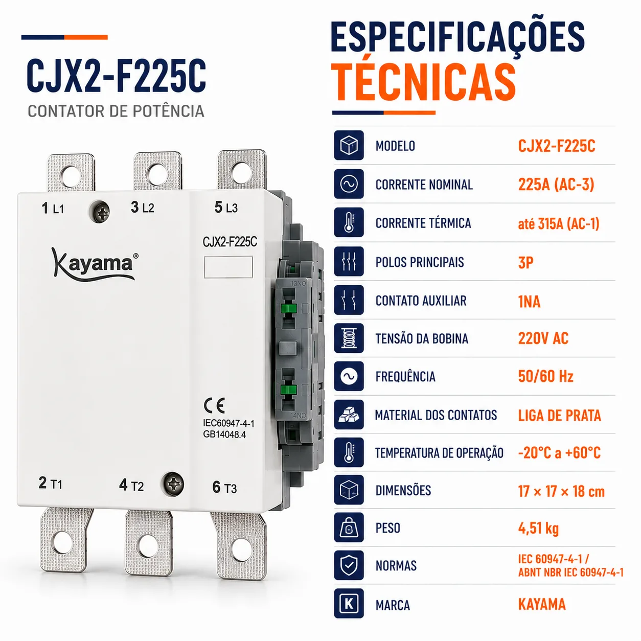 contator Tripolar CJX2-F225C - 220V- 50/60 HZ - KAYAMA — imagem 6