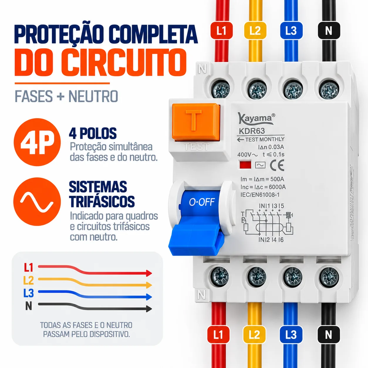 Disjuntor RCCB-KDR63 -0440 - Diferencial Residual 4P 40A - KAYAMA — imagem 3