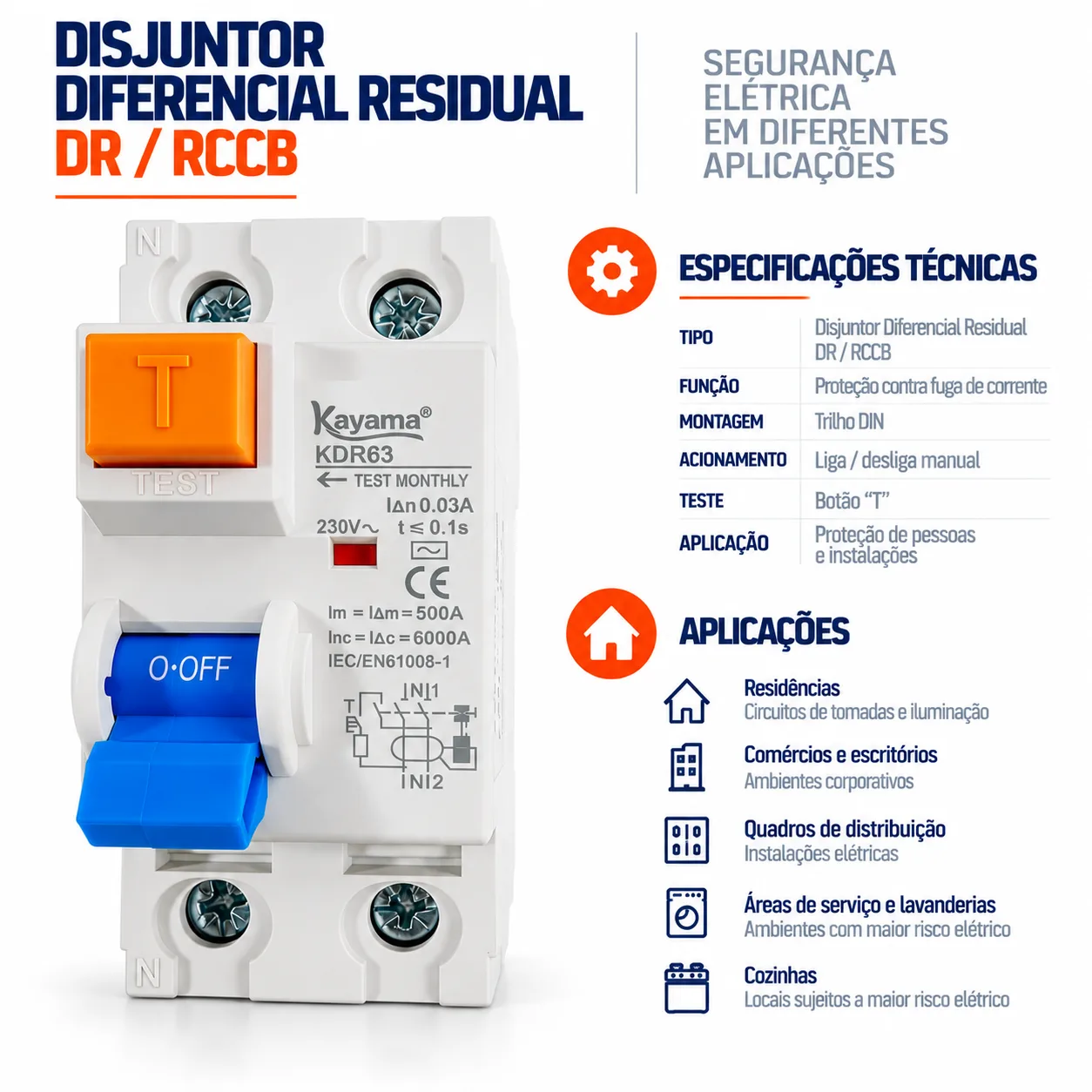 Disjuntor RCCB-KDR63 -0240 - Diferencial Residual 2P 40A - KAYAMA — imagem 3