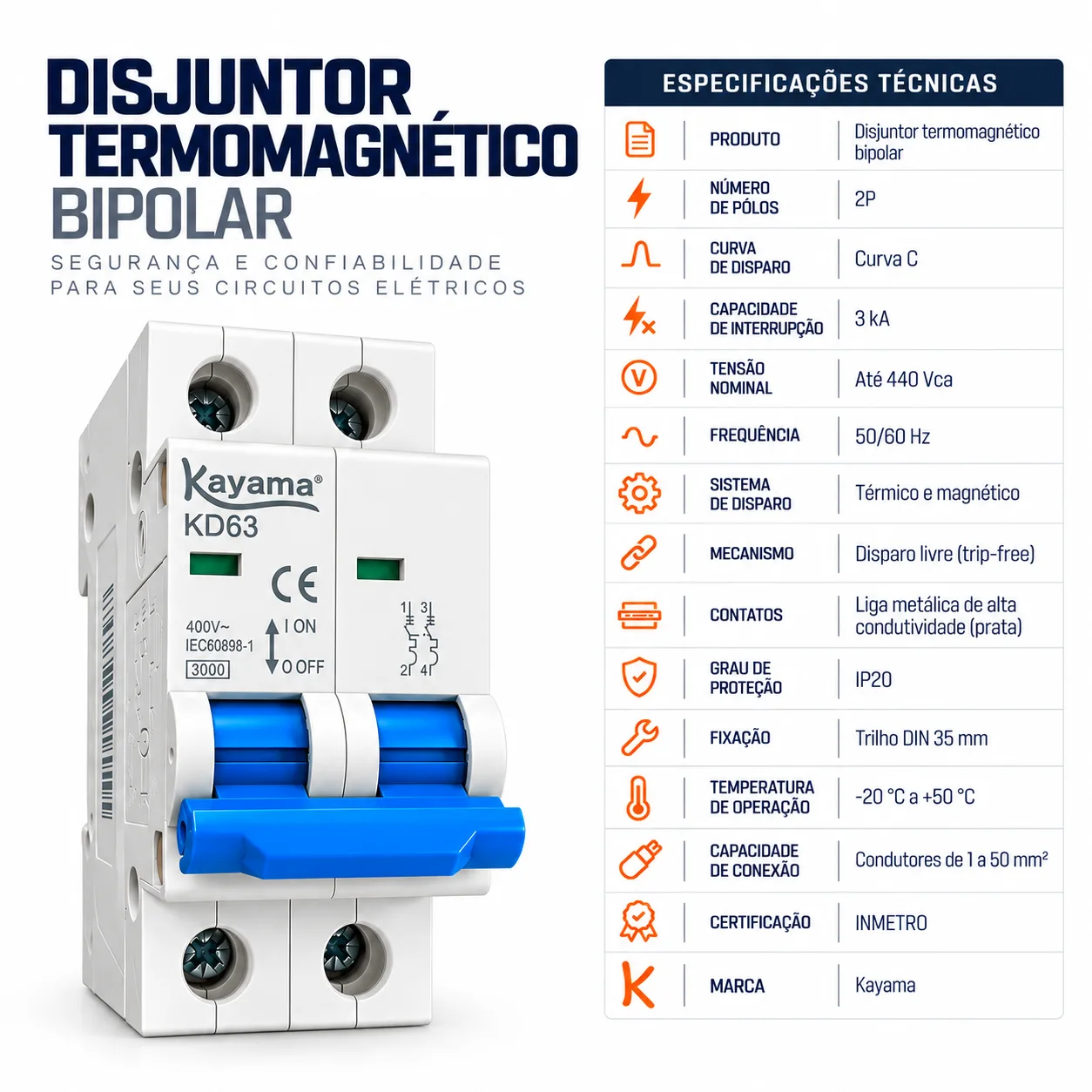 Mini-disjuntor DIN Bipolar Curva C 63A — imagem 5