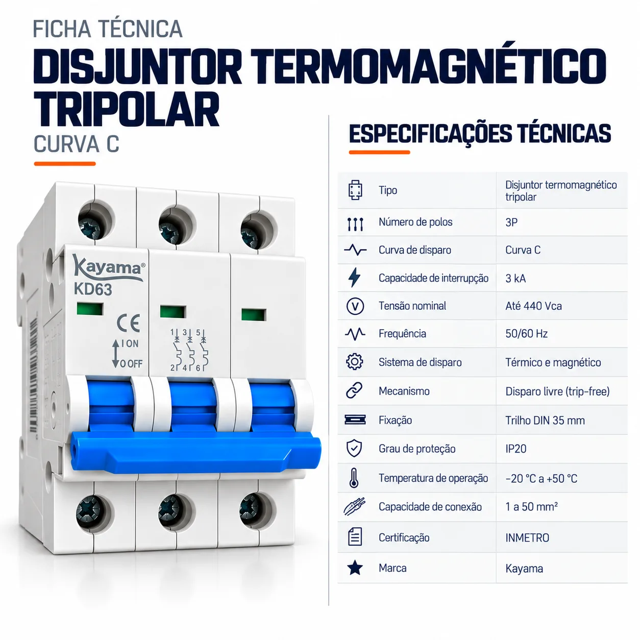 Mini-disjuntor DIN Tripolar Curva C 25A — imagem 5