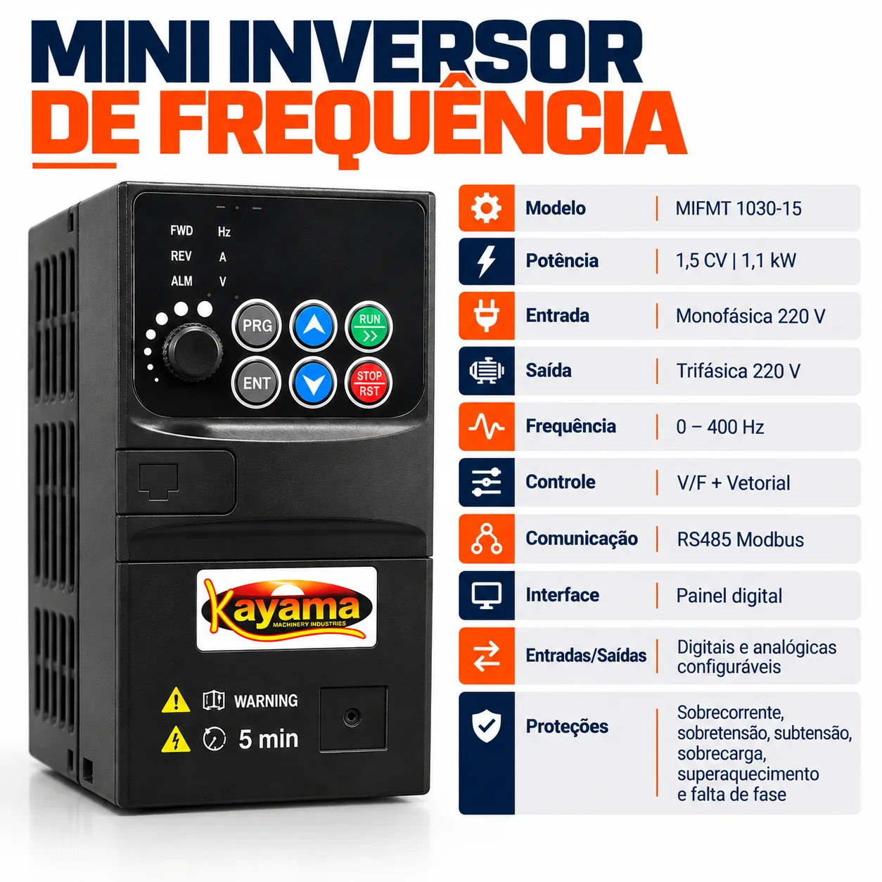 Mini Inversor de Frequência Monofásico/Trifásico 5 cv 220V MIFMT 1030-50 Kayama — imagem 4