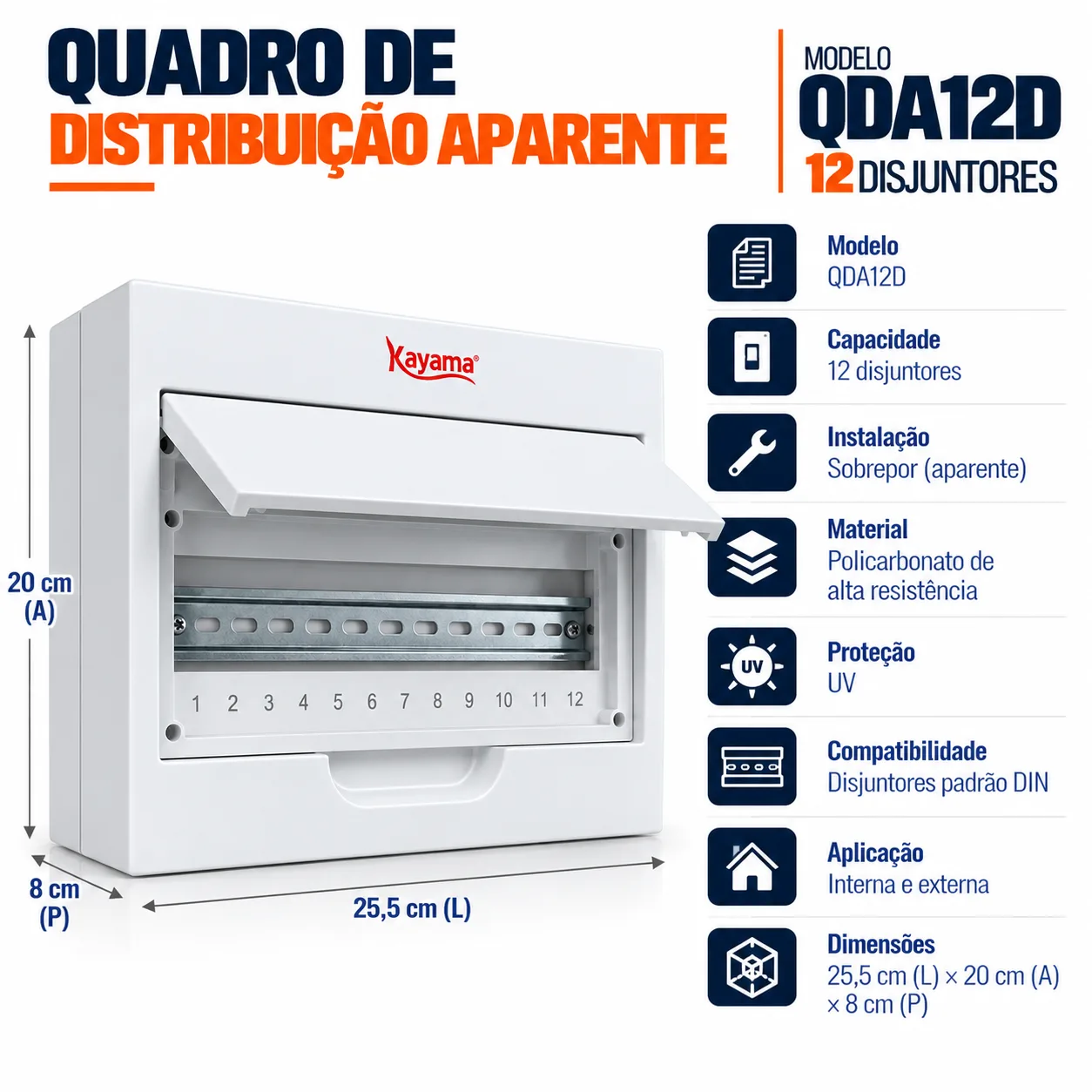 Quadro de Distribuição Aparente para 12 disjuntores QDA12D Kayama — imagem 4
